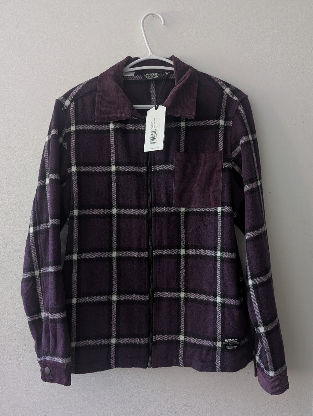 NWT WeSC Unisex Jacket Fleece Plaid Shacket Corduroy Trim Deep Purple M
